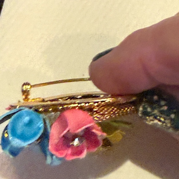 Vintage Enamel & AB Rhinestone Floral Wreath Brooch with Link/Blue/Yellow Gold - Picture 4 of 7